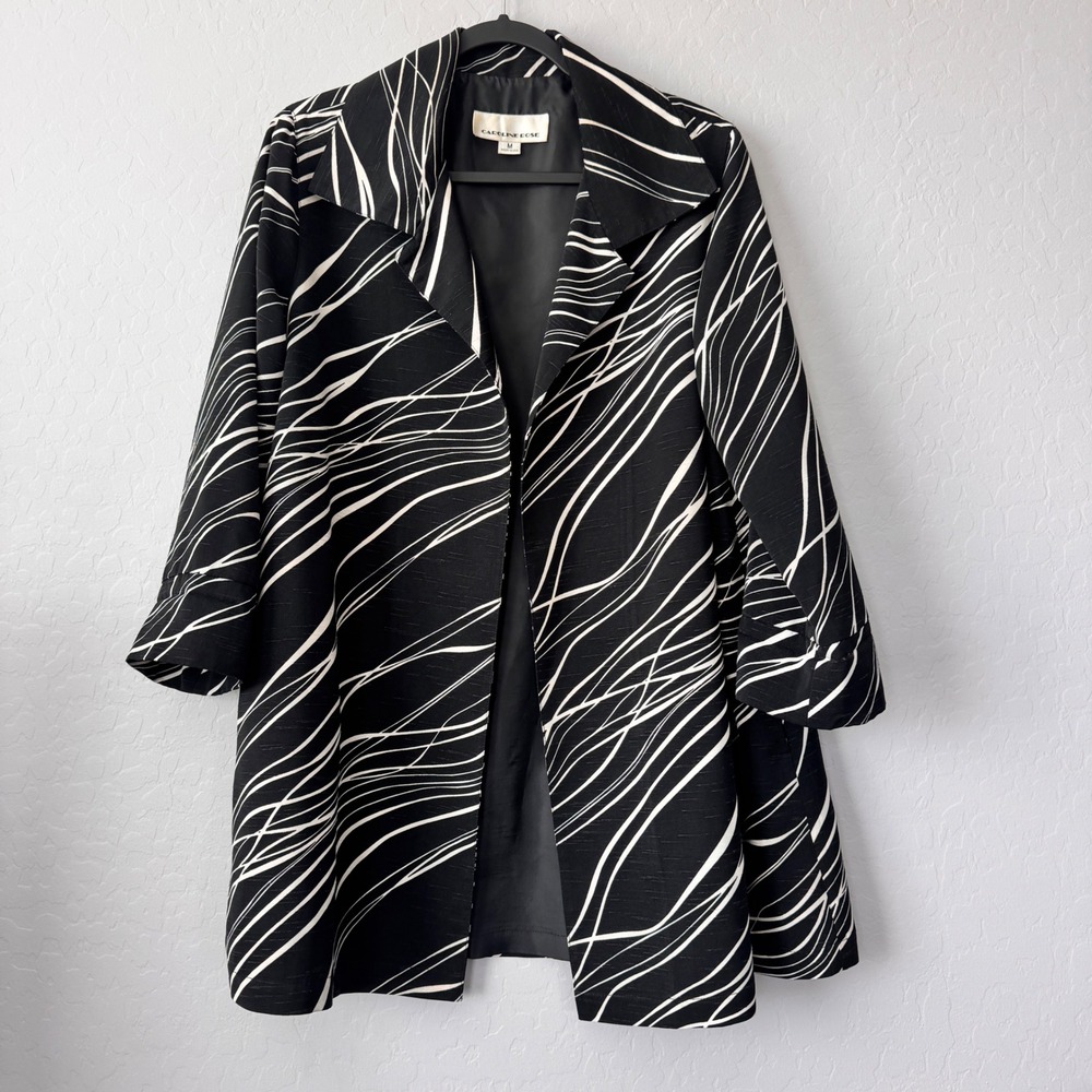 Caroline Rose Medium Topper Jacket Black White 3/4 Sleeve Abstract Wavy Print